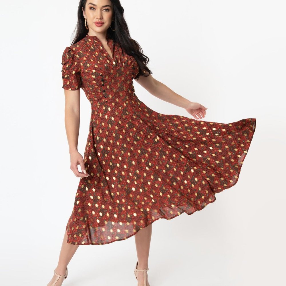 NWT, L, Unique Vintage Burgundy Floral Gold Leaf Print Camilla Swing Dress